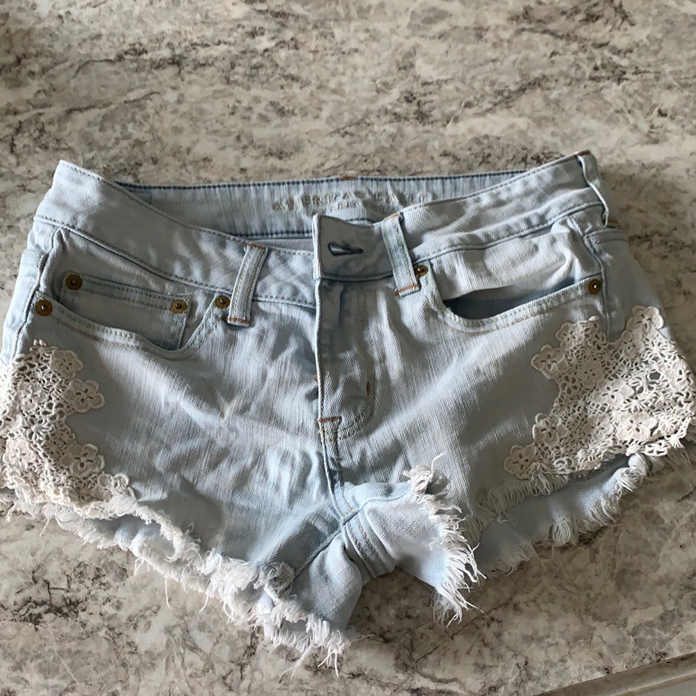 American Eagle lace, low-rise jean shorts